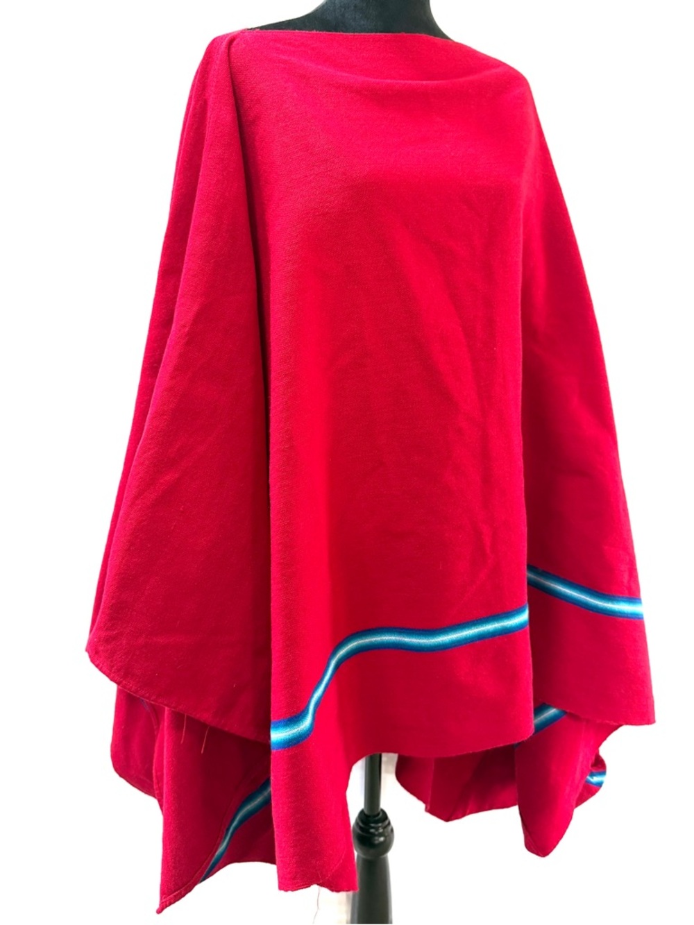Vintage Red Wool Poncho with Blue Trim